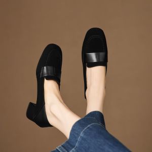 [Free Shipping] Grandma Shoes Single Shoes Soft Leather Retro Loafers WomenS 2026 High-Heeled Single Shoes Cow Suede Comfortable Chunky Heel