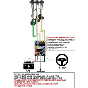 telolet Basuri 3 corong 17 nada lagu 12v 24v modul telolet  (pemasangan pada stir klakson)