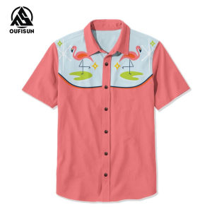【Oufisun】Mens Shirts Retro Flamingo Playing Guitar Printed Hawaiian Shirt Oversize Short-Sleeved Tops Mens Casual Shirt 3 Color Mens Blouse Half Sleeve Casual top