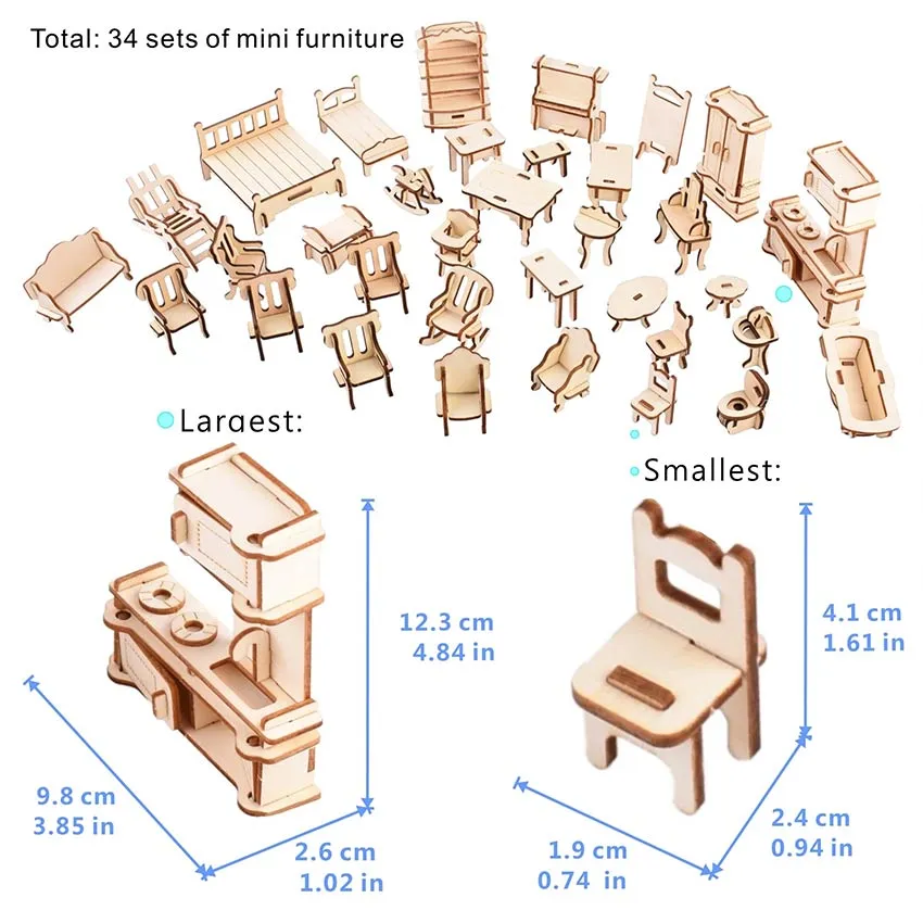 34 Pcs Miniature 1:12 Dollhouse Furniture for Dolls Mini 3D Wooden