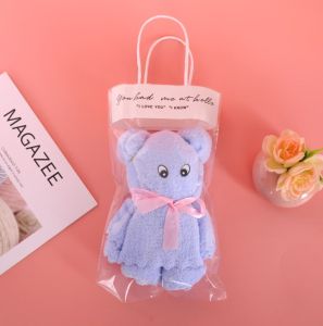 1Pc Cute Teddy Bear Folded Towel Microfiber Hand Towel Cotton Face Towel with Free Mesh Bag GIFT