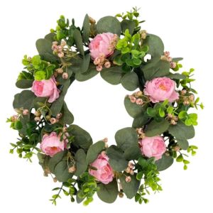 HUNIU 38cm Vòng hoa nhân tạo gồm hoa mẫu đơn và cây bạch đàn. Lá xanh. Tròn Đồ trang trí bằng hoa giả. Thanh lịch Đồ trang trí tường Dây hoa giả treo Cửa sổ