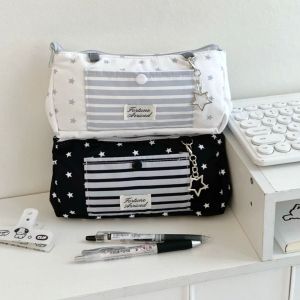 TEWUB Printed Star Pencil Case Striped Large Capacity Zipper Stationery Pouch Multifunctional Simple Pencil Storage Bag School Office Supplies