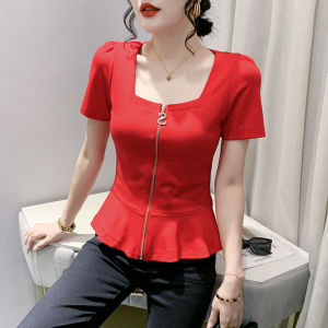 Yimei Áo thun bó eo áo Cardigan Có Khóa Kéo Mới Mùa Hè 2023 cotton áo đỏ mừng ôm vừa Áo phông ngắn nữ xinh đẹp thời trang cổ điển