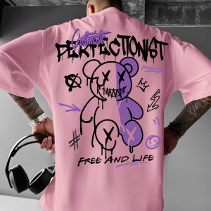 Mens summer 100 cotton fashionable casual sports loose American street letter printed round neck short sleeved T-shirt top