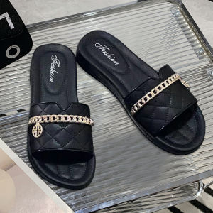 SQShop  [ใหม่ล่าสุด]รองเท้าแตะแต่งโซ่สีทอง⚡️ รองเท้าแฟชั่นแบบสวม สีพื้น มี 2 สี รองเท้าผญเรียบหรูดูแพงแมทช์ทุกการแต่งตัว😎