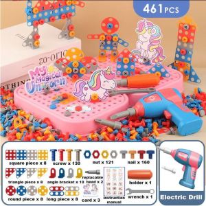 Ready Stock 461pcs Building Blocks Children Electric Drill Toy Set Screw Puzzle Kids Toy Toolbox Mainan Pemutar Skru
