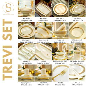 Set 70 Món Tô Chén Đĩa Phụ Kiện Bàn Ăn Trevi Gốm Sứ Cao Cấp Viền Vàng Sang Trọng Phong Cách Tây Âu
