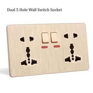LSG Outlet socket for wall With Switch Gold PC Flame Retardant Plastic Panel 13A 250V Universal Wall Outlet 146 Type Dual 5 Holes Socket 2.1A Dual USB with junction box set