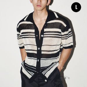 NLONKE Striped Hollow-out Polo Shirt Loose Short Sleeved Cardigan Casual Turn-down Collar Knitwear Men