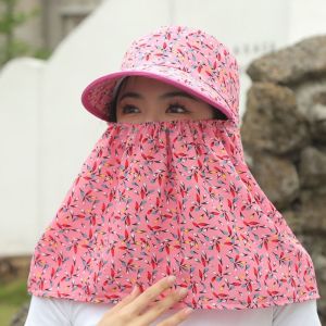 VBNFH การป้องกันแสงแดด หมวกกันแดดผู้หญิง ขอบเสื้อผู้หญิงตอนหน้าอก ลายดอกไม้ดอกไม้ หมวกเก็บชา ลำลองแบบสบายๆ ป้องกันคอ หมวกบักเก็ตกันแดด การทำงานในฟาร์ม