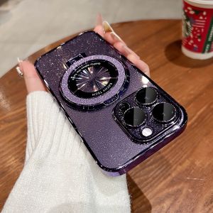 Luxury Glitter 180° Foldable Magsafe Stand Ultra Thin Electroplating Hard Phone Case For iPhone 17 16 15 14 Pro Max Plus 13 12 11 Pro Max Magnetic Wireless Charging Phone Cover Transparent Anti-fall Phone Casing With Glass Lens Film Protector