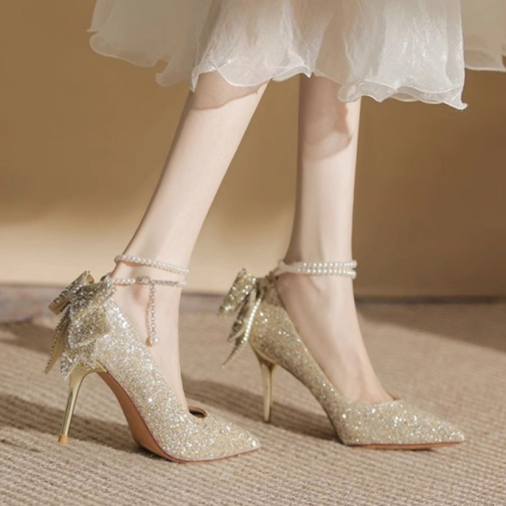 Women's high heels 7cm heel height 2024 new pointed toe stiletto silver  sequined high heels Korean style bow bridal shoes elegant pearl wedding
