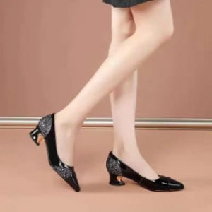 Free Shipping Wenzhou Autumn New Collection: Women’S Soft Leather Single Shoes Featuring A Chunky Heel Wine-Red Color Pointed Toe And A Mid-Heel Design Made Of Patent Leather