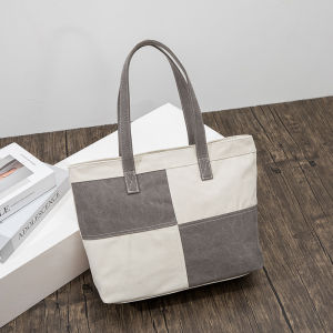 Túi vải canvas phối màu dung tích lớn dành cho nữ túi tote phong cách retro giản dị túi xách đa năng phối màu đơn giản.