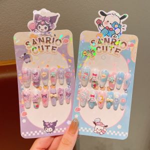 Kids Kuromi nails for Girl Cartoon Pattern False Nail Cute Melody Cinnamon kt cat Child Fake Nails Tips Kawaii Acrylic Artificial Press on Nail