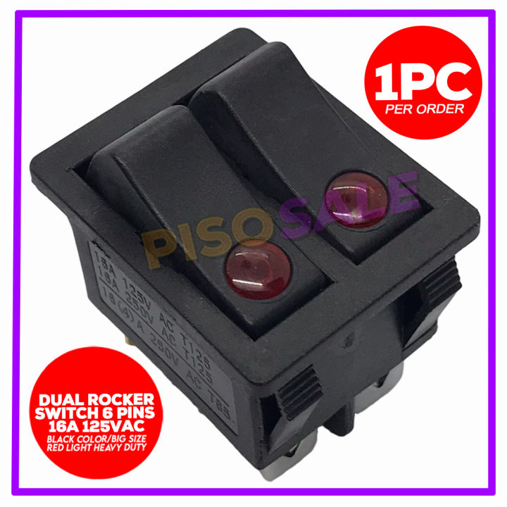 PS 6-Pin 16A 125VAC Large Dual Rocker Switch – Black with Red Indicator ...