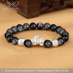 SUKI DAKARA Fortune Guardian S999 Silver Pixiu Bracelet for Men Black Obsidian Beaded Wealth and Prosperity Charm