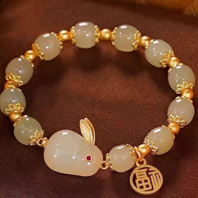 Chinese-style Jade Rabbit Bracelet for Women,High Value Student Hand Chain, Old Style Birthday Gift