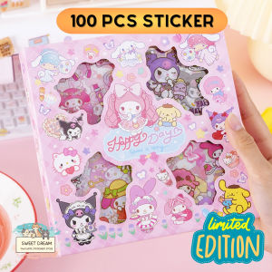 100 PCS Sheet MIX Kuromi Melody Share a story PINK Packaging DIY Decoration Anak Gift Sticker Set
