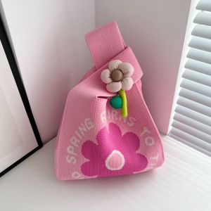 CRNGW Flower Knot Wrist Bag Printed Wool Knitted Bag Casual Purse Tote Bag Girl