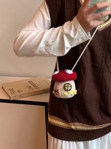 G7 Handmade Knitted Yarn Bag for Children Cute Mushroom Crossbody Bag Trendy Fashionable Boys and Girls Baby Outing Small Shoulder Bag 7/7