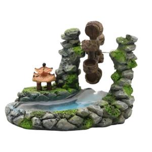 Aquariums Landscaping Resin Waterwheel with Pavilions and Stream Fishtanks Shelter Scene Figurine for Fish and Shrimp