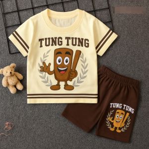 Setelan Anak Karakter Tung Tung – Kaos Lengan Pendek & Celana Pendek Ready Usia Anak 3bulan-10 tahun