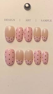 Light Pink Polka Dot Press On Nails Long Almond Handmade Fake Nails Nude French Tip Glossy Reusable False Nails