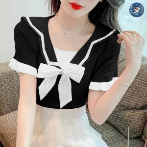 💥[A019] Áo len thun nữ dệt kim Montoghi CÀI NƠ CỔ dáng ôm kết hợp TAY BÈO Quảng Châu ngắn xinh - L2M