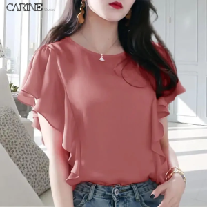 (XS-4XL)CARINE 2023 Womens Shirt Round Neck Ruffle Sleeve Short Sleeve Chiffon Blouse Summer Breathable T-shirt for Women