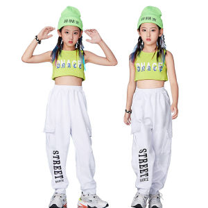 LOLANTA Girls Green Vest White Jogger Pants Set Hip Hop Clothing Street Wear Korean White Crop Top Costume Kids Jazz Dance Stage Performance Costumes 4-14 Years