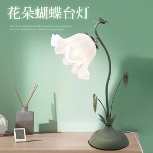 SXHins Wind Rural French Style Pink Flower Butterfly Table Lamp Bedside Bedroom Study Trending Girl Ambience Light