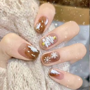 [HANDMADE]Artificial Nail Christmas Tree ink Snowflakes Phototpy Nails Reusable and Removable Nails