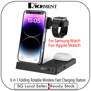 【✅SG Seller✅】RICHMENT Universal 6 in 1 Foldable/Rotatable Wireless Fast Charging Station for Smart Phones Multiple DevicesEarbuds Smartwatch for iPhones Airpods and Smart Watches & Wireless Charging Capabilities and USB Lightning Type-C Connectivity