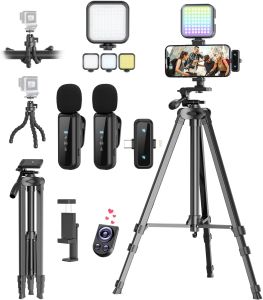 Vlogging Kit for iPhone/Android YouTube Starter Kit with Wireless Microphone/Camera Tripod/Flexible Tripod/RGB Fill Light Content Creator Essentials Kits for TikTok Vlog Video Recording