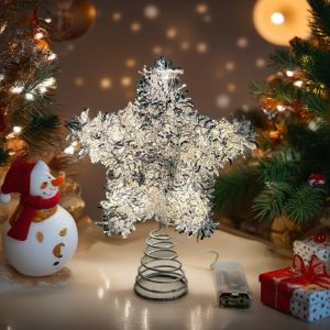 W5YR Metal Christmas Trees Topper Hollow 3D Star Xmas Tree Ornament Light Up Glowing Tree Topper