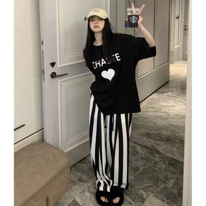 Korean Style Girls' Striped T-shirt and Denim Pants Outfit