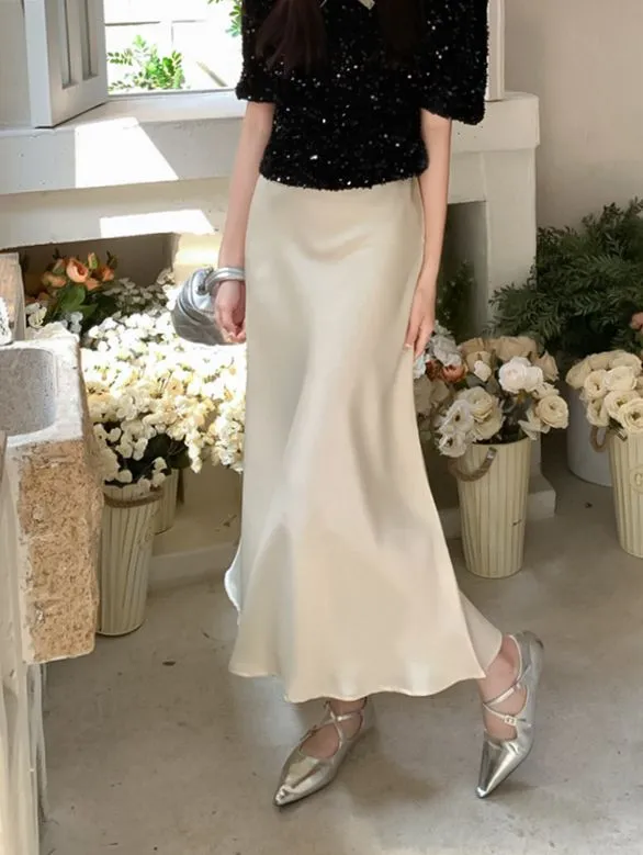 Elegant Women's Skirts High Waist Silk Satin A-line Skirt Lady Fashion  Solid Color Purple Long Skirts for Women Fashion 2023