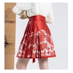 Jualan Panas@Chinese Printed Improved Horse Face Skirt Womens Summer National Style Fashion Design Temperament Half-body Skirt Pleated Short Skirt