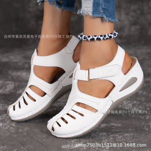 [Free Shipping] Retro Summer Sandals For Women Featuring A Stitched Design Adhesive Soles A Wedge Heel And A Closed-Toe Style Available In Plus Sizes