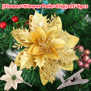 10PCS Artificial Christmas Flower With Golden Glitter Family Holiday DIY Christmas Tree Decoration