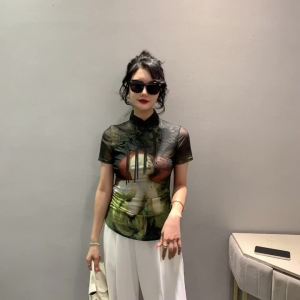 Ammin 2024 Áo sơ mi ngắn tay in hình Văn học thời trang khóa cổ điển Mới Mùa Hè Áo Blouse thanh lịch kích thước lớn cổ đứng kiểu Trung Quốc mới cho nữ