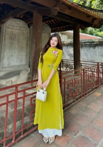 Áo Dài Lụa Mỹ Cao Cấp Họa Tiết Thêu Thủ Công Tỉ Mỉ - Mã C27