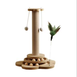 Cat Scratching Post Wooden Cat Scratcher Toy Scratch Post with 2 Level Cat Track Balls Interactive Feather Toy and 2 Sisal Hanging Balls for Indoor Kittens Adult Cats Interactive Scratcher Toy