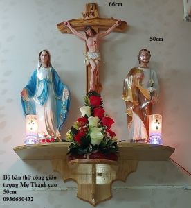 Bộ bàn thờ công giáo tượng 50cm thánh giá 66cm chất liệu composite màu xanh kệ thờ gỗ đèn hoa đầy đủ
