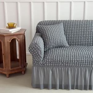 Solid Color Seersucker Sofa Cover with Skirt Full Coverage Non-Slip Dustproof Stretch Sofa Slipcover for Couch with Armrests