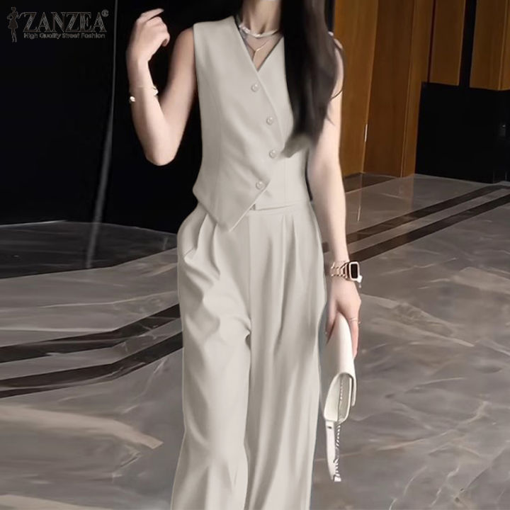 ZANZEA%20Korean%20Style%20Womens%20Work%20Elegant%20Sets%20V%20Neck%20Irregular%20Buttons%20Waistcoats%20Wide%20Leg%20Trousers%20Solid%20Suits%20#0918%20-%20Image%204