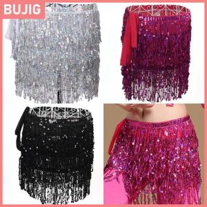 BUJIG ชุดเต้นระบำหน้าท้องประดับเลื่อมพู่ห้อยสะโพกผ้าพันคอเข็มขัดกระโปรงรัดเอว