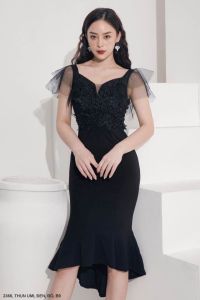 MyDu Shop | Đầm Ôm Dự Tiệc MS 2366 – Tay Lưới Đắp Ren Kết Ngọc Ngực Lai Loe Quyến Rũ